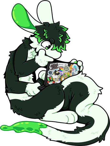 A mammal-like creature with a long, furred, serpentine like body and six legs. It has black and white fur with green eyes, ears and a goopy green tailtip. It sits on the floor, hunched over a stickerbombed laptop, deep in thought.