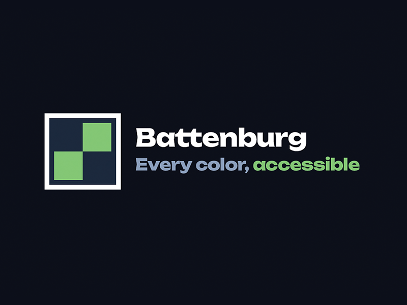 A logo featuring a white square with alternating dark blue and green squares, alongside which sits text reading 'Battenburg - every color, accessible'.