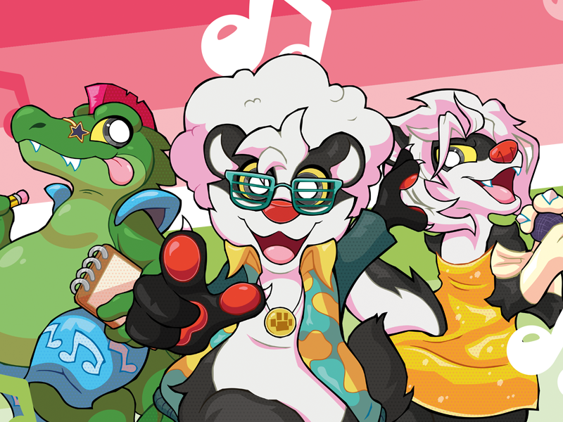 Illustration of an anthropomorphic crocodile, European badger, and honey badger dressed in 80s style clothing and with music equipment.