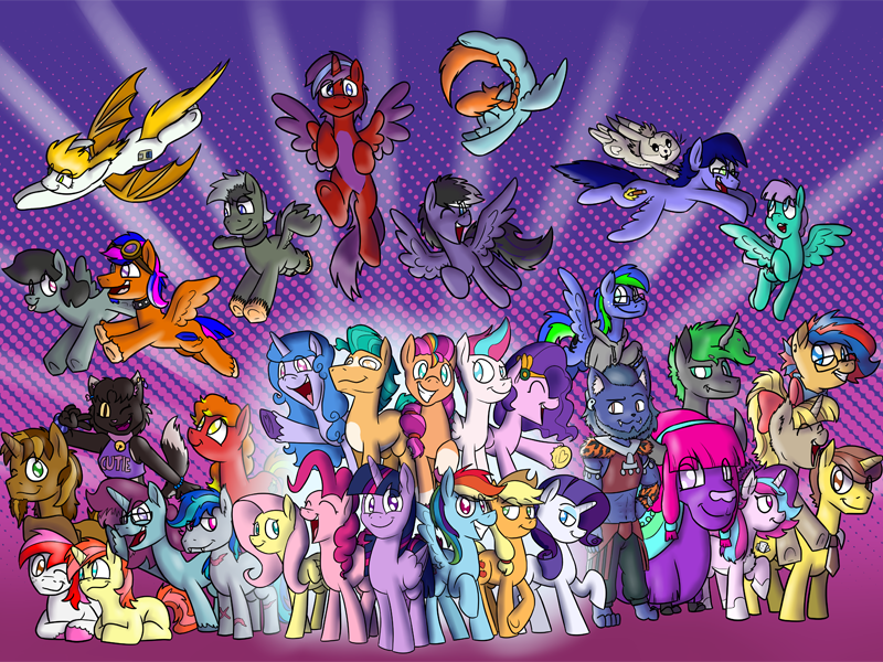 Illustration of many pony characters, both canon and original creations, celebrating together.
