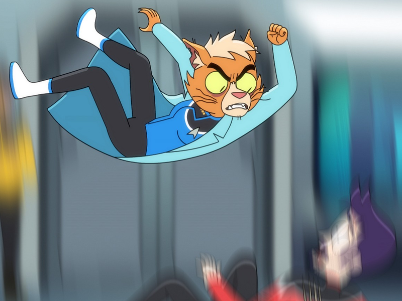 Screenshot of Doctor T'Ana, a Caitian character from Star Trek (a humanoid cat species) performing a wrestling move on a human.