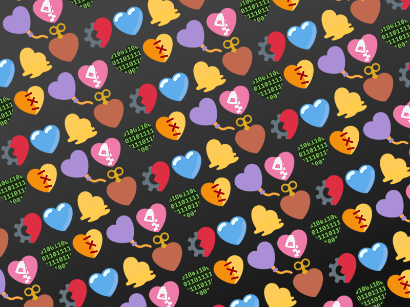 A variety of hearts arranged in a repeating pattern. The hearts allude to different objects and materials, including rubber, textiles, clothing, machines, and digital programs.