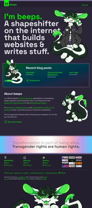 The 'before' home page, featuring a large introductory paragraph with accompanying illustration; a horizontal list of blog posts with a gradient background and another illustration; an 'about me' section with a third illustration; a prominent 'trans rights' banner; and an expanded footer with webrings and buttons included.