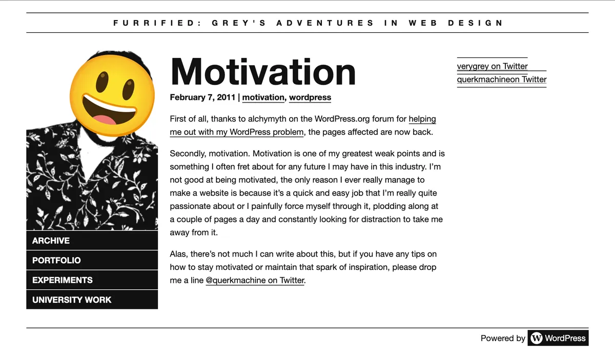 A screenshot of a monochromatic black and white webpage, with a photograph of the author creatively redacted with a smiley emoji.
