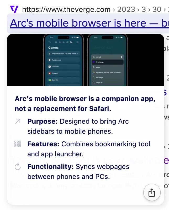 A screenshot of a search results page, with the Arc browser summarising an article about the mobile version of itself into a single sentence and list of themed bullet points.