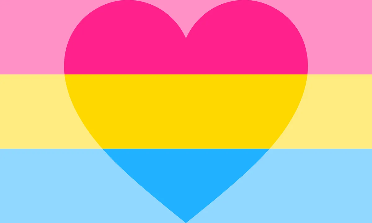 The panromantic pride flag. A field of three horizontal, coloured stripes (from top to bottom: magenta, yellow, and cyan). The entire flag has translucent white overlaid on top of it, except for a large heart-shaped cutout in the centre of the flag.