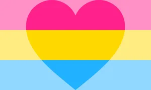 The panromantic pride flag. A field of three horizontal, coloured stripes (from top to bottom: magenta, yellow, and cyan). The entire flag has translucent white overlaid on top of it, except for a large heart-shaped cutout in the centre of the flag.