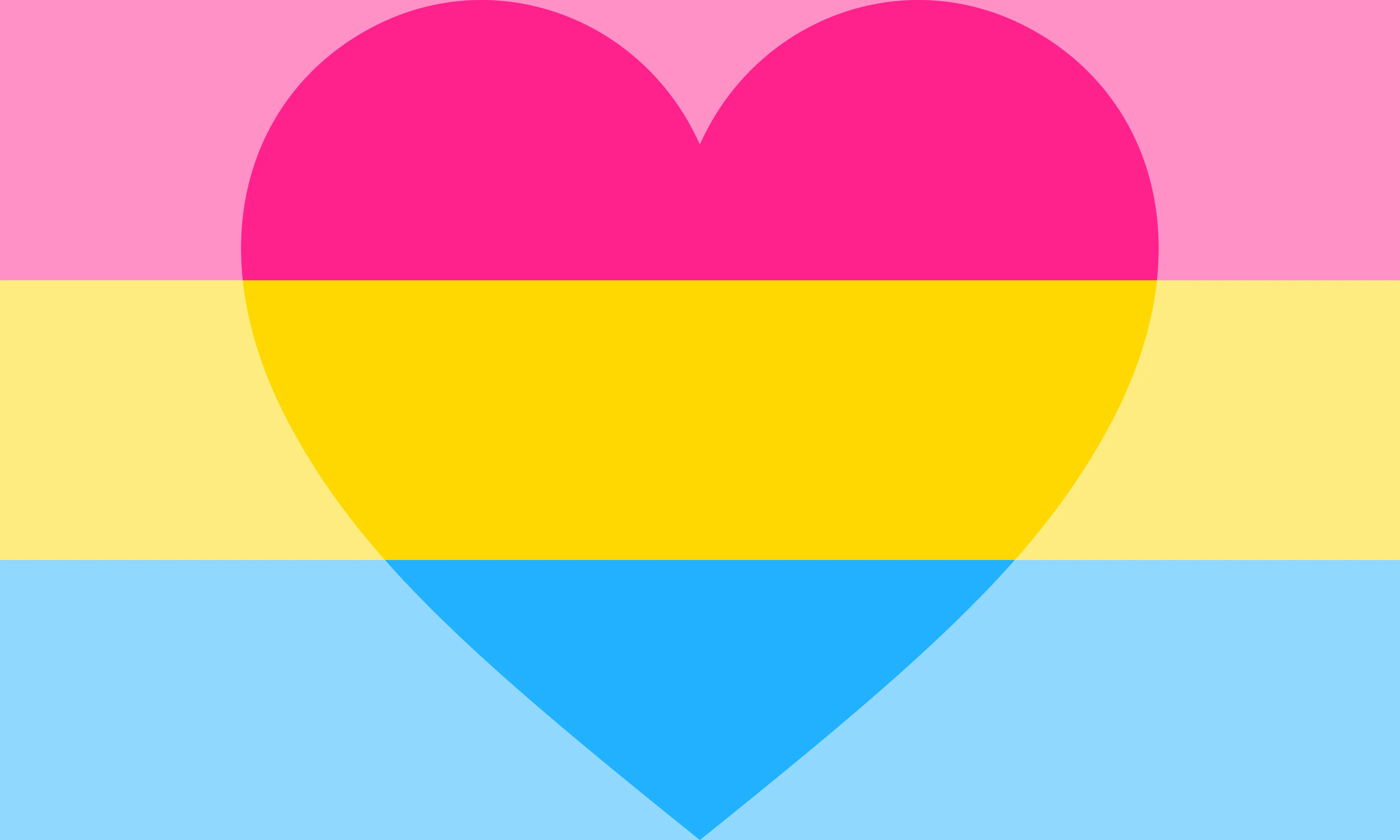 The panromantic pride flag. A field of three horizontal, coloured stripes (from top to bottom: magenta, yellow, and cyan). The entire flag has translucent white overlaid on top of it, except for a large heart-shaped cutout in the centre of the flag.