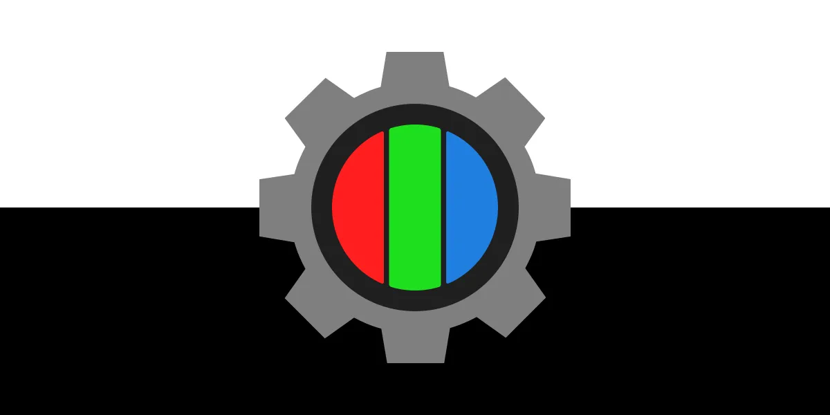 The robotkin flag. The field is split horizontally in half, with the top half in white and the bottom half in black. In the centre is a grey gear, the centre of which is vertically divided into red, green and blue segments.