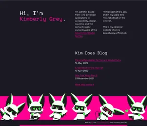 A screenshot of a webpage with columns of white text on a very deep blue (almost black) background, with bright pink links scattered around. The bottom of the page has a bright pink bar, featuring a whole gang of robot bats getting up to schenanigans.