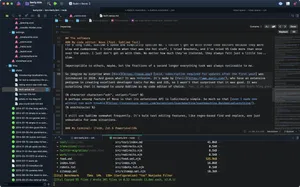 A screenshot of a code editor. The top has a list of tabs. The main part of it shows the current blog post, as it is being authored in Markdown. The left shows a sidebar with a long list of files in it of various types. The bottom shows a terminal prompt, with information about the site being built.