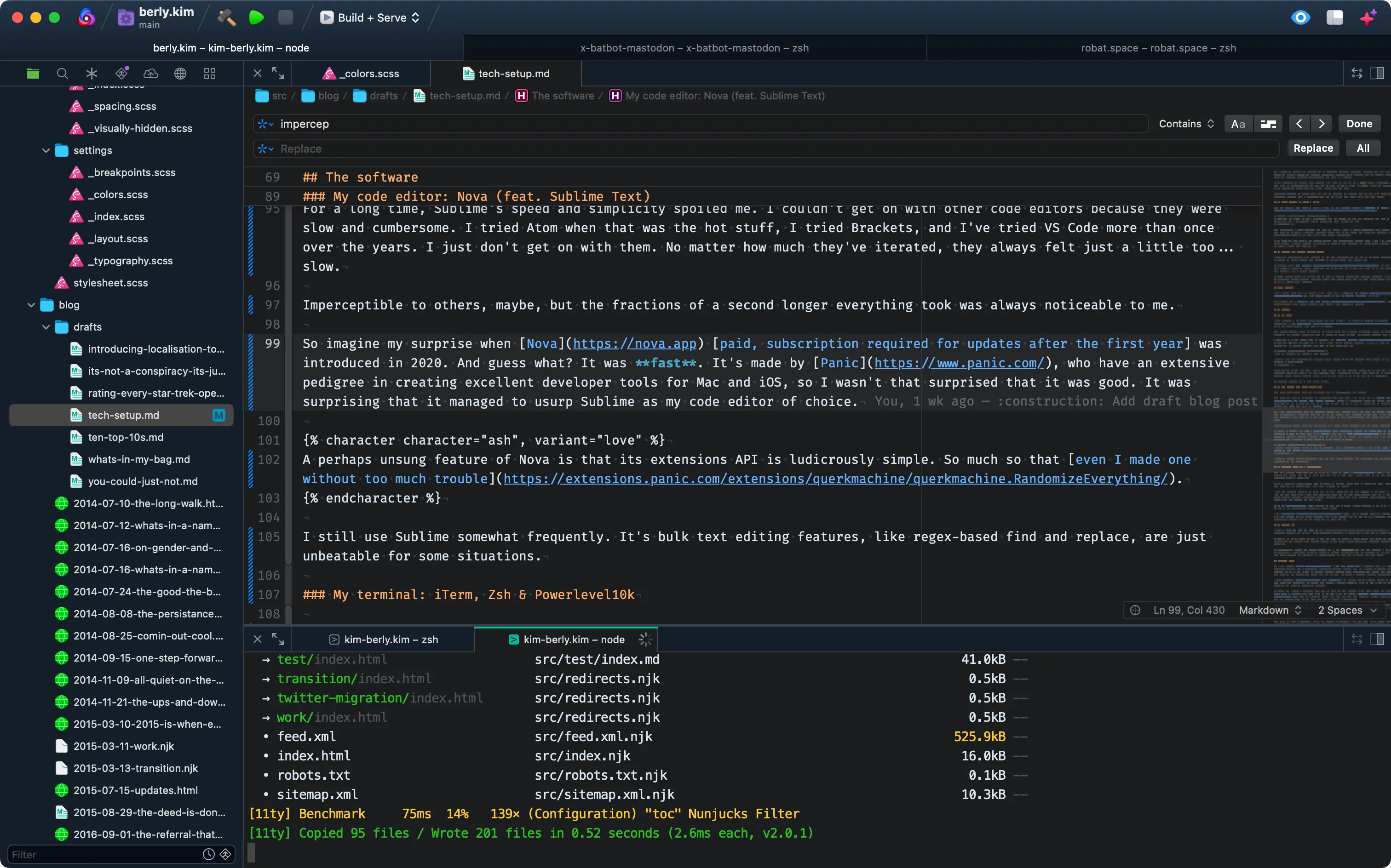 A screenshot of a code editor. The top has a list of tabs. The main part of it shows the current blog post, as it is being authored in Markdown. The left shows a sidebar with a long list of files in it of various types. The bottom shows a terminal prompt, with information about the site being built.