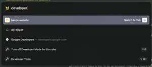 A screenshot of the Arc browser's command palette. A search field has searched for 'developer', bringing up a list with one open tab, the option to search for 'developer', a history entry for Google Developers, and the options to toggle developer mode and open developer tools.