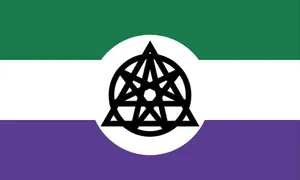 The nonhuman unity flag. A field of three horizontal, coloured stripes (from top to bottom: green, white, and purple). A white circle covers the centre portion of the flag containing a symbol made of black lines. The symbol is formed of an overlapping circle, triangle, and seven-pointed star.