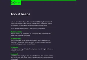 The 'before' about page, which is just a column of text running down the left of the screen.