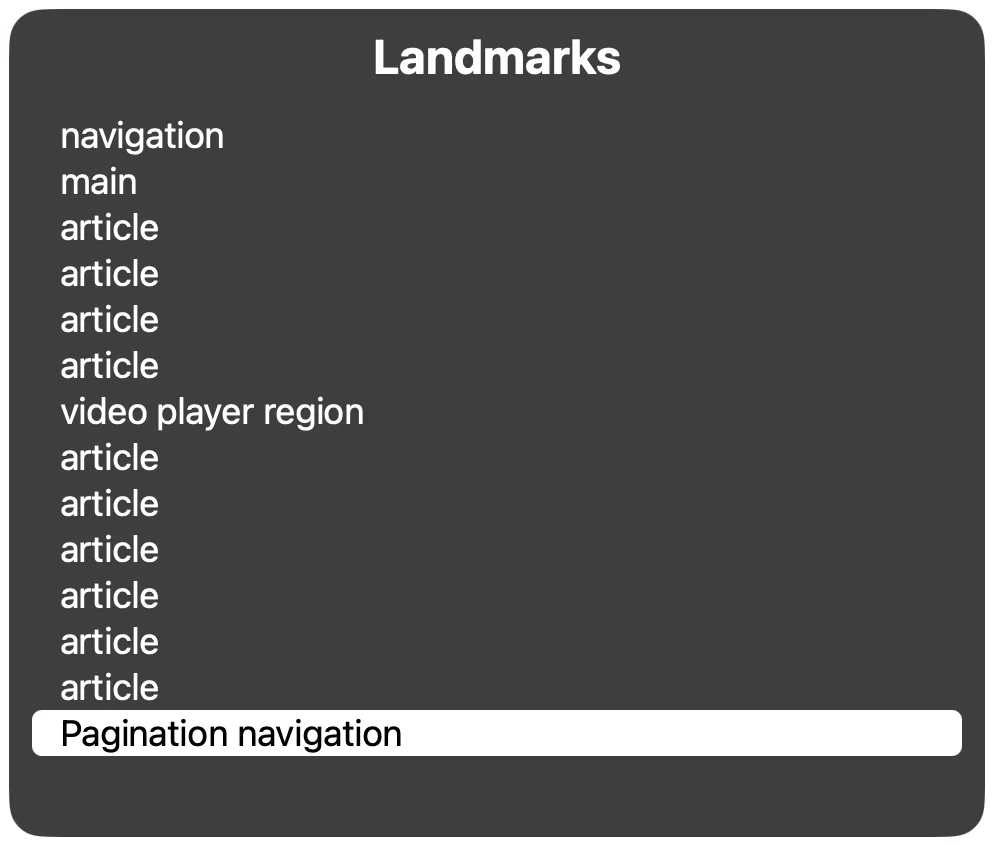 Screenshot of VoiceOver's rotor, showing a list of landmarks, with the last one specifically named as 'Pagination navigation'.