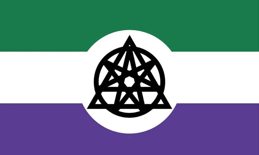 The nonhuman unity flag. A field of three horizontal, coloured stripes (from top to bottom: green, white, and purple). A white circle covers the centre portion of the flag containing a symbol made of black lines. The symbol is formed of an overlapping circle, triangle, and seven-pointed star.