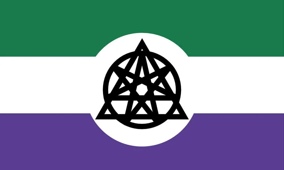 The nonhuman unity flag. A field of three horizontal, coloured stripes (from top to bottom: green, white, and purple). A white circle covers the centre portion of the flag containing a symbol made of black lines. The symbol is formed of an overlapping circle, triangle, and seven-pointed star.