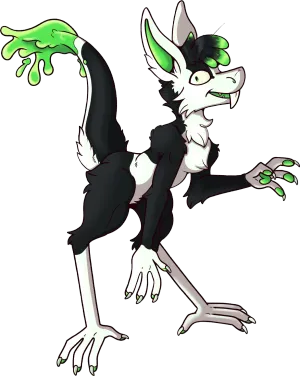 A black, white and green creature with a long body, stilt-like legs, pointed ears, and a prominently pointed front tooth, smiles and looks at you whilst casually waving.