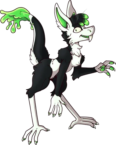 A black, white and green creature with a long body, stilt-like legs, pointed ears, and a prominently pointed front tooth, smiles and looks at you whilst casually waving.