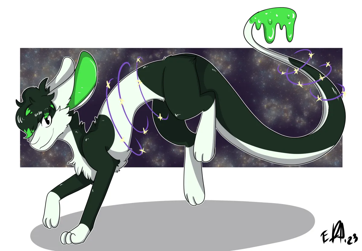 A quadrupedal mammal-like creature with a very long body and tail, long rabbit-like ears, cat-like legs and paws, and a mess of hair. It's coloured a mix of mix of black and white, except for neon green inner ears and a gooey green tail tip.