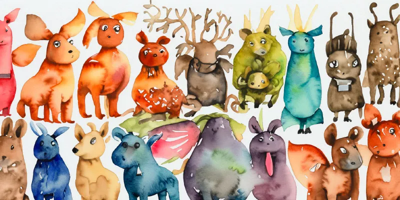 A watercolour-style painting of a variety of unusual animal-like creatures.