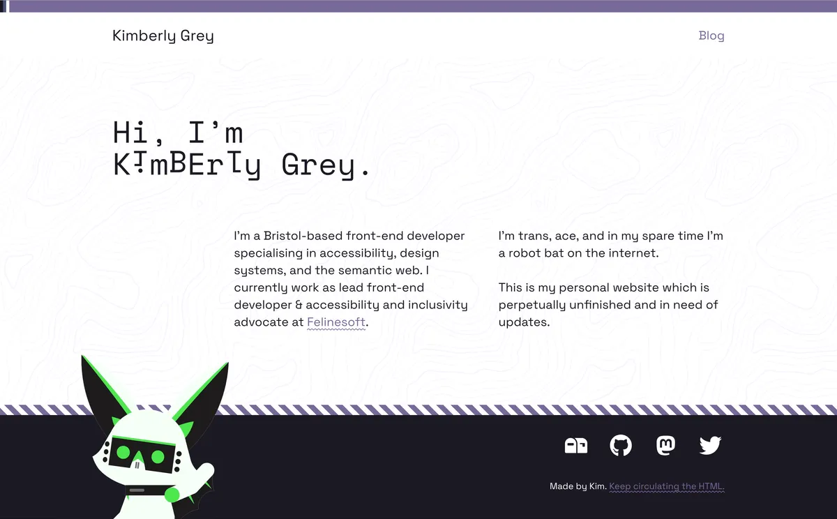 A screenshot of a webpage with two columns of black monospace-like text on a white background with a light contour pattern on it. A heading reading 'Hi, I'm Kimberly Grey' is present, with the letters randomly rotated and mirrored. At the top is a short purple bar with a small asexual pride flag hidden on the left side. Along the bottom is a dark purple footer with some social media icons and an illustrated cartoon bat looking and waving at the viewer.
