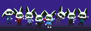 A collage of identical white and green robot bats illustrated in a simplistic, cartoony style, all wearing science division Starfleet uniforms of various eras. At the front, one in a Lower Decks series uniform waves at the viewer whereas one in a Voyager and early-DS9 uniform blows a kiss. To their left, robats in TOS and TOS movie uniforms point at one another accusingly. Behind them, one in a 23rd century Discovery uniform looks sad at being left out. To the right, a robat in an Enterprise series era uniform dabs, whilst off to the side, a robat in a Dominion War era uniform points a hand phaser at a robat in a TNG era uniform.