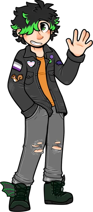 Ash as a human, a medium height, gender androgynous individual waving happily towards the viewer whilst wearing a denim jacket and torn jeans.