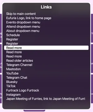 Screenshot of VoiceOver's headings rotor, highlighting a section of three links that are all described as 'Read more'.