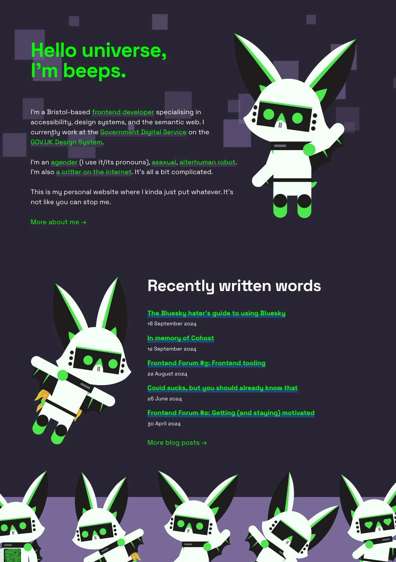 The old homepage, with images featuring a minimalist robot bat waving and using a jetpack. The footer has a collage of various robot bats. Blog posts are presented in a vertical list.