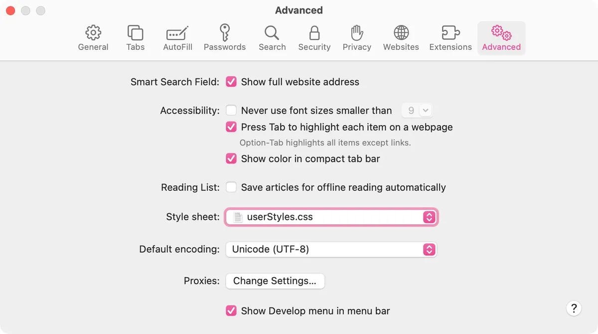A screenshot of Safari's advanced preferences interface, with the 'Style sheet' option highlighted.