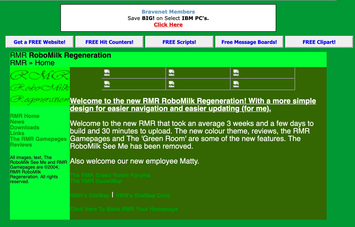 A screenshot of a basic webpage with a medium green background, a bright green header and sidebar navigation, and a dark green content area. It has an extremely pixellated logo reading 'RMR RoboMilk Regeneration' in a swooshy script font.