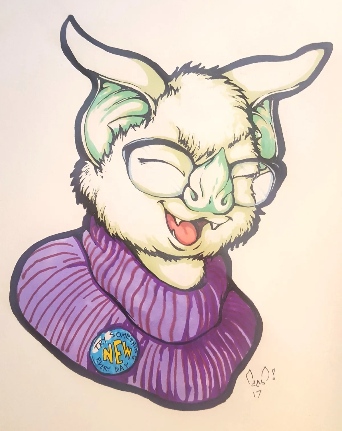 A hand-drawn illustration of an anthropomorphic Honduran white bat bust, wearing large round glasses and a pink sweater with a button badge reading 'Try Something NEW Every Day'. She's smiling with her mouth open, exposing her fangs.