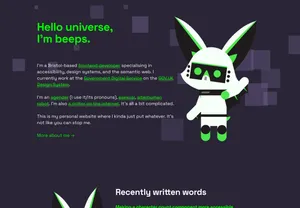 After: The homepage of this website with a dark blue/purple background, lighter purple spots, and bright green heading and links.