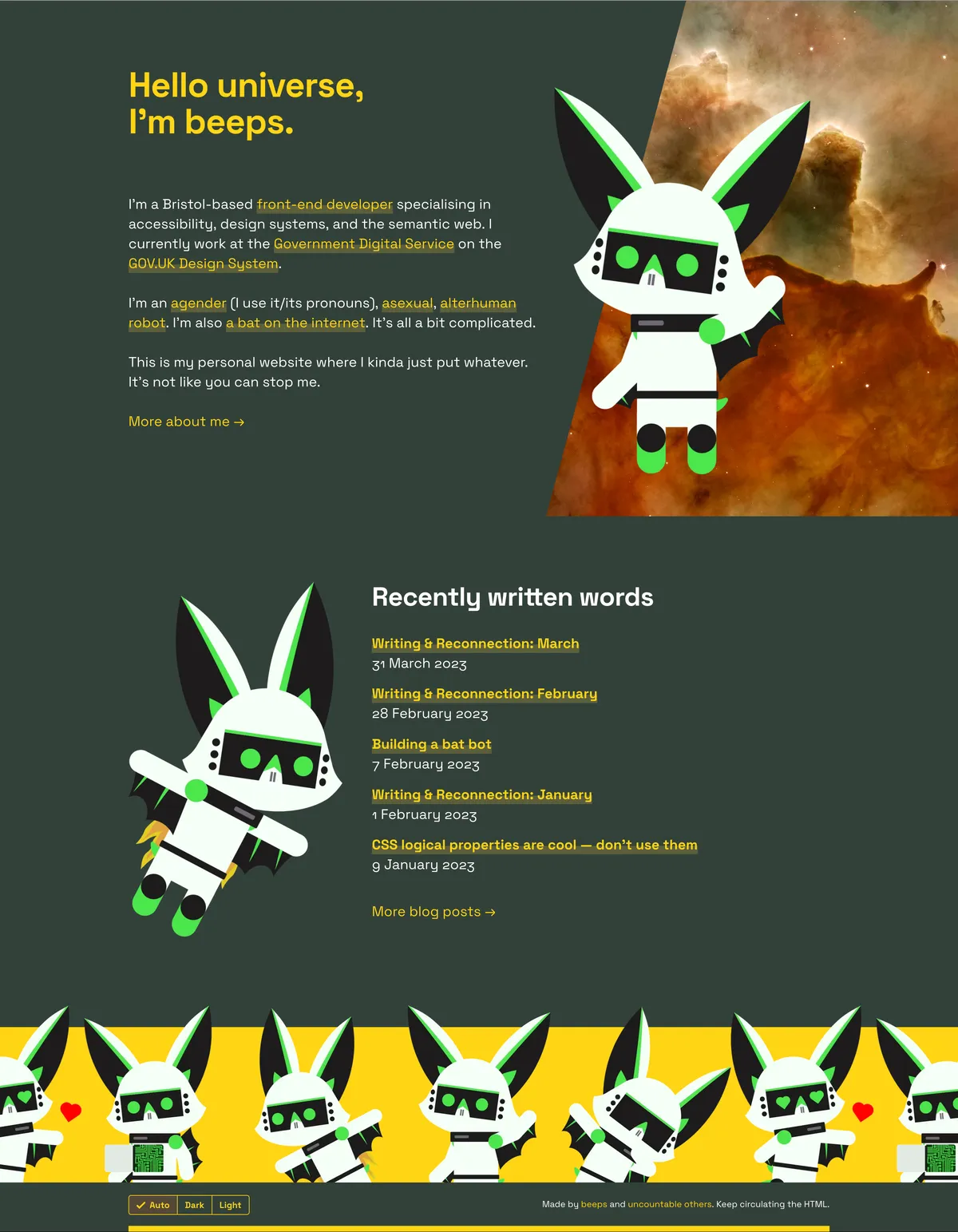 A screenshot of a webpage with columns of white text on a dark grey background, with yellow links scattered around. The top of the page features an illustrated robot bat looking and waving at the viewer whilst standing in front of a cut-out photograph of a nebula. Further down, the same bat flies using the help of a jetpack next to a list of blog posts. The bottom of the page has a bright yellow bar, featuring a whole gang of robot bats getting up to schenanigans.