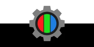 The robotkin flag. The field is split horizontally in half, with the top half in white and the bottom half in black. In the centre is a grey gear, the centre of which is vertically divided into red, green and blue segments.