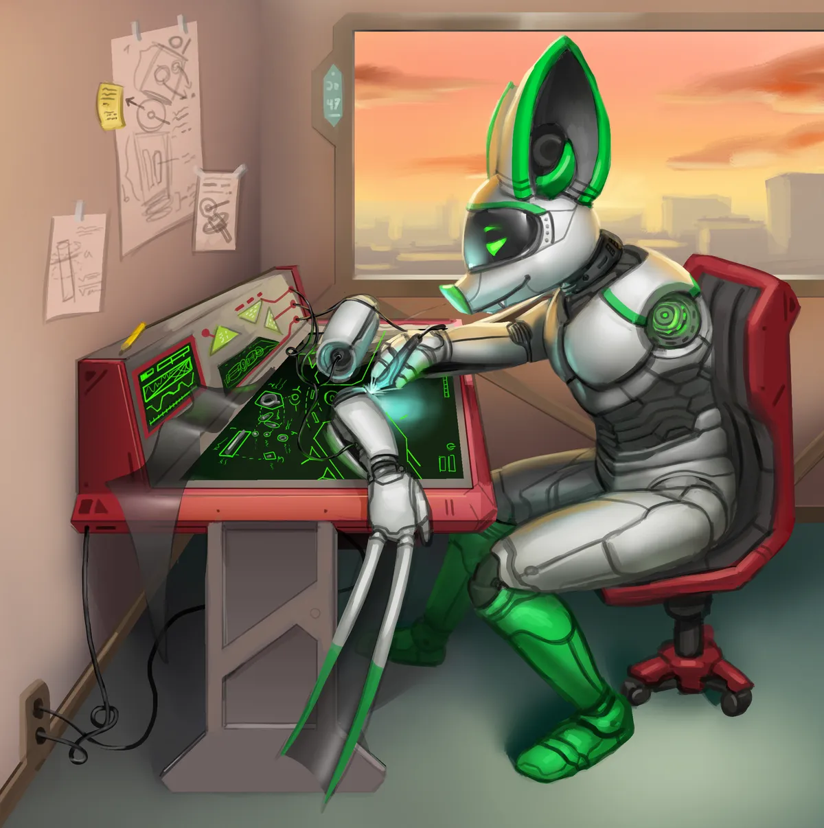 A warmly lit room. The sun is setting outside of the window. Emy, a white, green and black, anthropomorphic robot bat, sits at a workbench. One wing has been detached and is laying in parts on the bench, whilst it uses the other to repair the parts of the disassembled wing.
