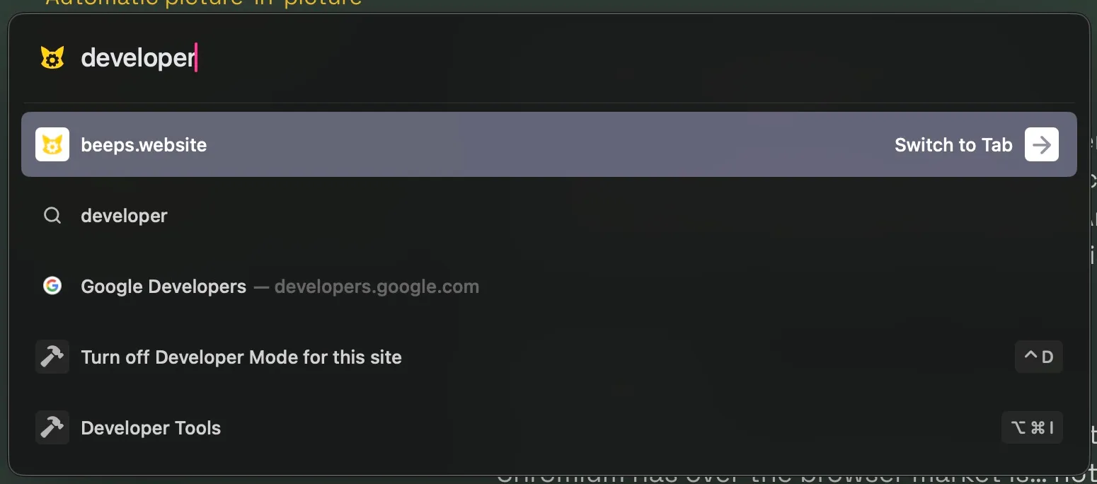 A screenshot of the Arc browser's command palette. A search field has searched for 'developer', bringing up a list with one open tab, the option to search for 'developer', a history entry for Google Developers, and the options to toggle developer mode and open developer tools.