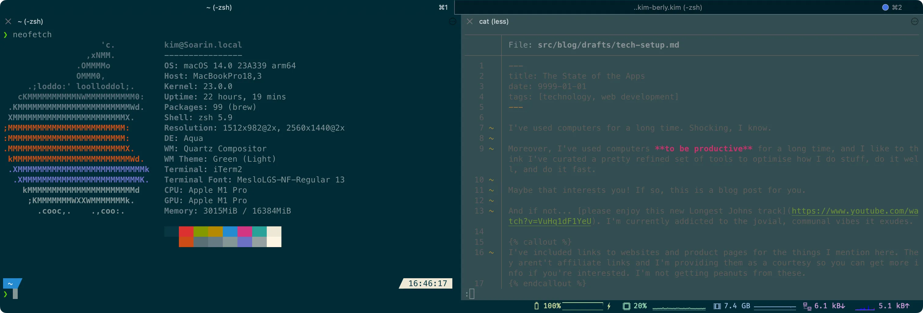 A screenshot of a terminal app. The top has a list of tabs. The left half shows the output of the 'neofetch' command, which has returned various pieces of system hardware and software information next to an ASCII representation of the Apple logo. The right shows the text of the current page as returned by the 'cat' command. The bottom of the window includes more system details, including battery level, CPU usage and network utilisation.