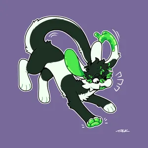 A quadrupedal mammal-like creature with a very long body and tail, long rabbit-like ears, cat-like legs and paws, and a mess of hair covering one eye. It's coloured a mix of black and white, except for neon green inner ears, paw pads and hair highlights, along with a gooey green tail tip. It's bounding forward on all four legs, yapping excitedly.
