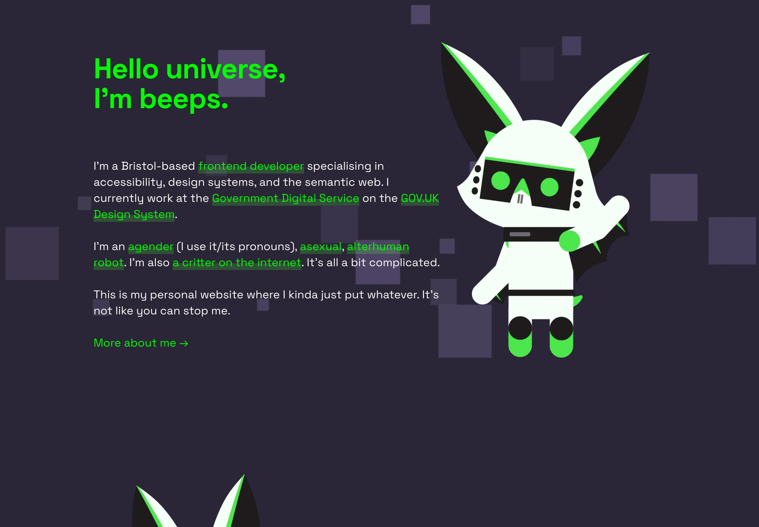 The homepage, complete with heading, paragraph of text, and a waving robot bat.