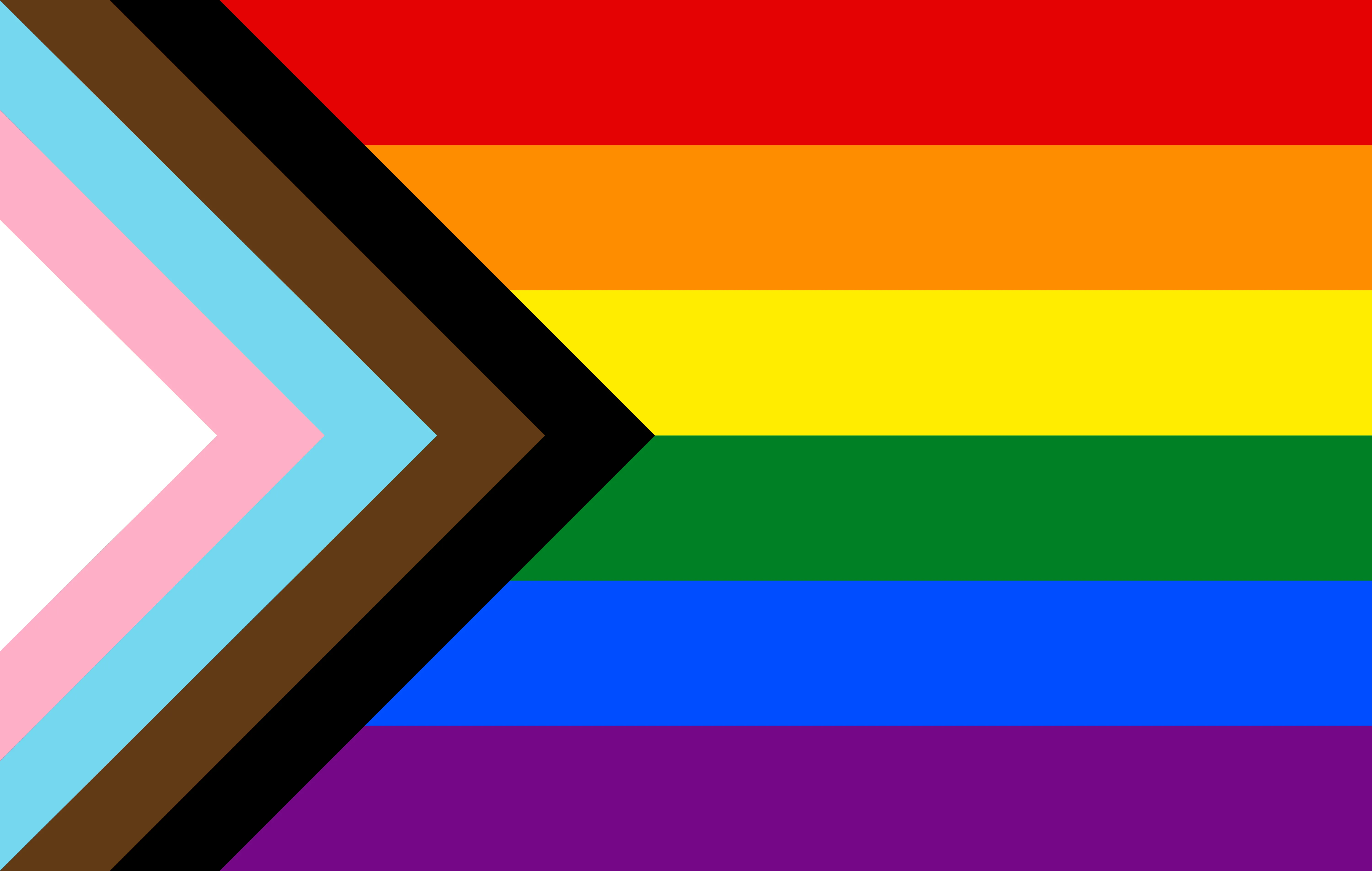 The progress pride flag. A field of six horizontal, coloured stripes (from top to bottom: red, orange, yellow, green, blue, and purple) is overlapped on the left-hand side by a right-pointing arrowhead, itself composed of five coloured stripes (from left to right: white, pastel pink, pastel blue, brown, and black).