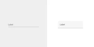 Side-by-side screenshots of text inputs in Material Design versions 1 and 2. The left shows a simple dark grey underline with similarly dark grey 'Label' text appearing where the user is expected to place their input. The right shows a similar input, now with a lighter grey background and extra spacing between the text and border.