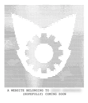 A screenshot of a holding page from 2010, with an ASCII art representation of a bat's head in silhouette, with a gear-like symbol inside of it. Text below the art reads 'A website belonging to [REDACTED], (hopefully) coming soon.