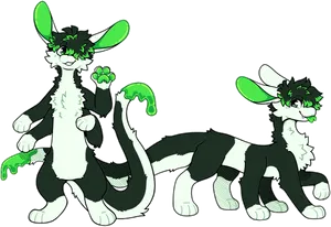 A reference sheet showing the front and side profile of a long, slender mammal like creature with six legs, rabbit-like ears, and an extremely long tail ending with a goopy tip. The creature is mostly black and white, except for the eyes, tongue, paw pads, inner ears and tail tip, which are a luminescent green.