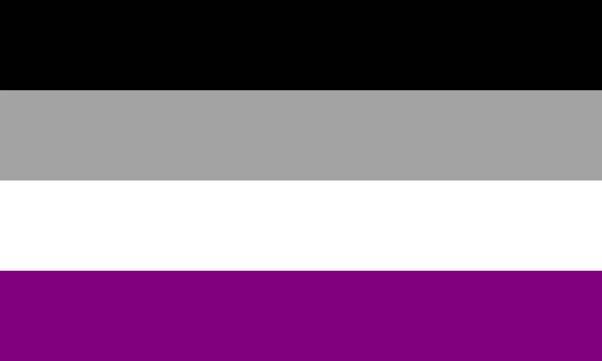 The asexual pride flag. A field of four horizontal, coloured stripes (from top to bottom: black, grey, white, and purple).