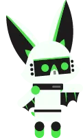 A robot bat looking and pointing to the right.
