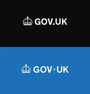 Before and after image of the GOV.UK logo. The old is in black and white, with a minimalist Tudor crown icon and the site's name set in a sans-serif typeface. The new is white on a bright blue background, the dot of the wordmark raised up, enlargened, and changed into a cyan blue.