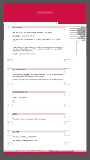 A narrow screenshot of a webpage with a dark grey background, white central column and lots of reddish-pink accents. It has small headings like 'Latest News!!', 'Sign my Guestbook' and 'What's Your Number?' at the top of each section. There are broken images all over the place.